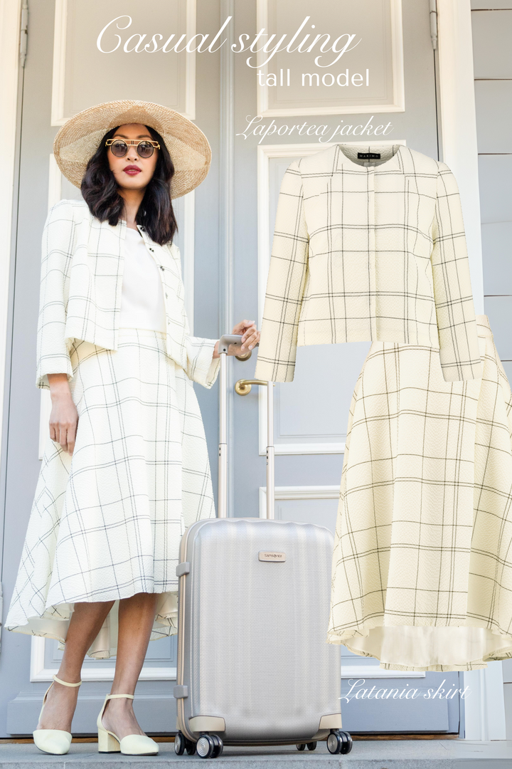 LATANIA CREAM PLAID WOOL SEERSUCKER HIGH-LOW SKIRT