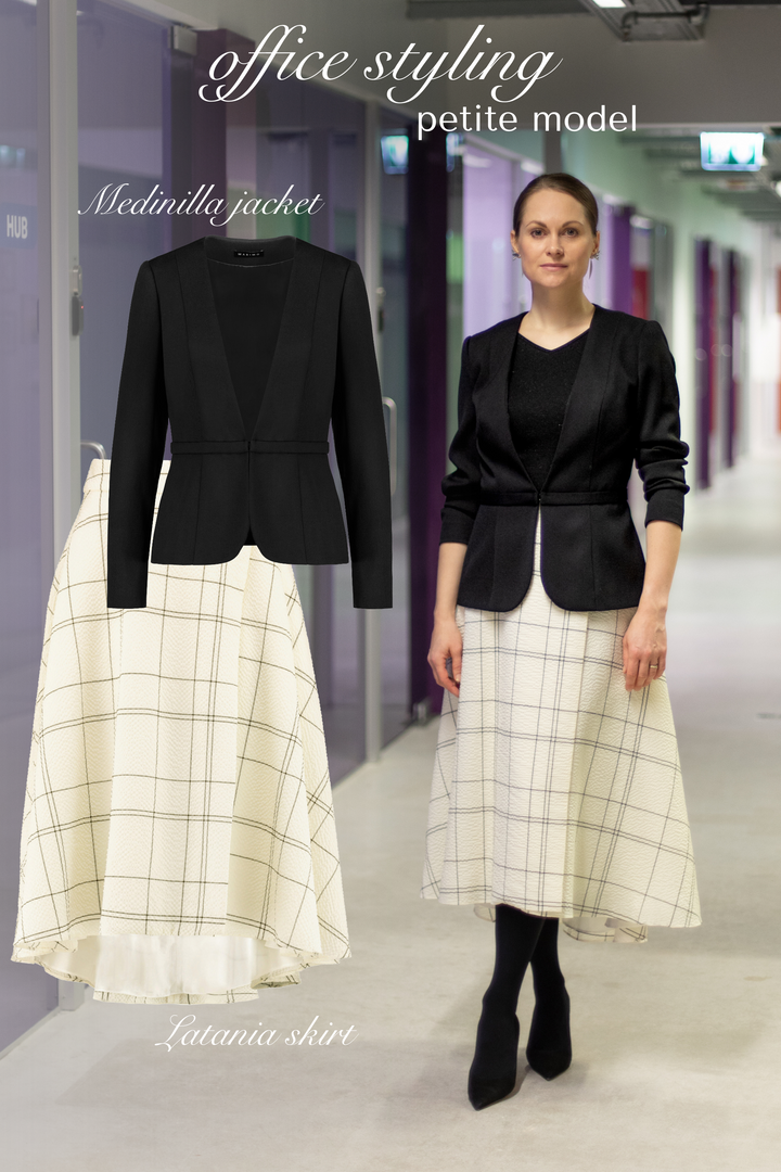 LATANIA CREAM PLAID WOOL SEERSUCKER HIGH-LOW SKIRT