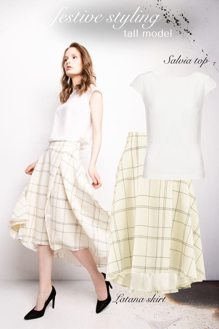 LATANIA CREAM PLAID WOOL SEERSUCKER HIGH-LOW SKIRT