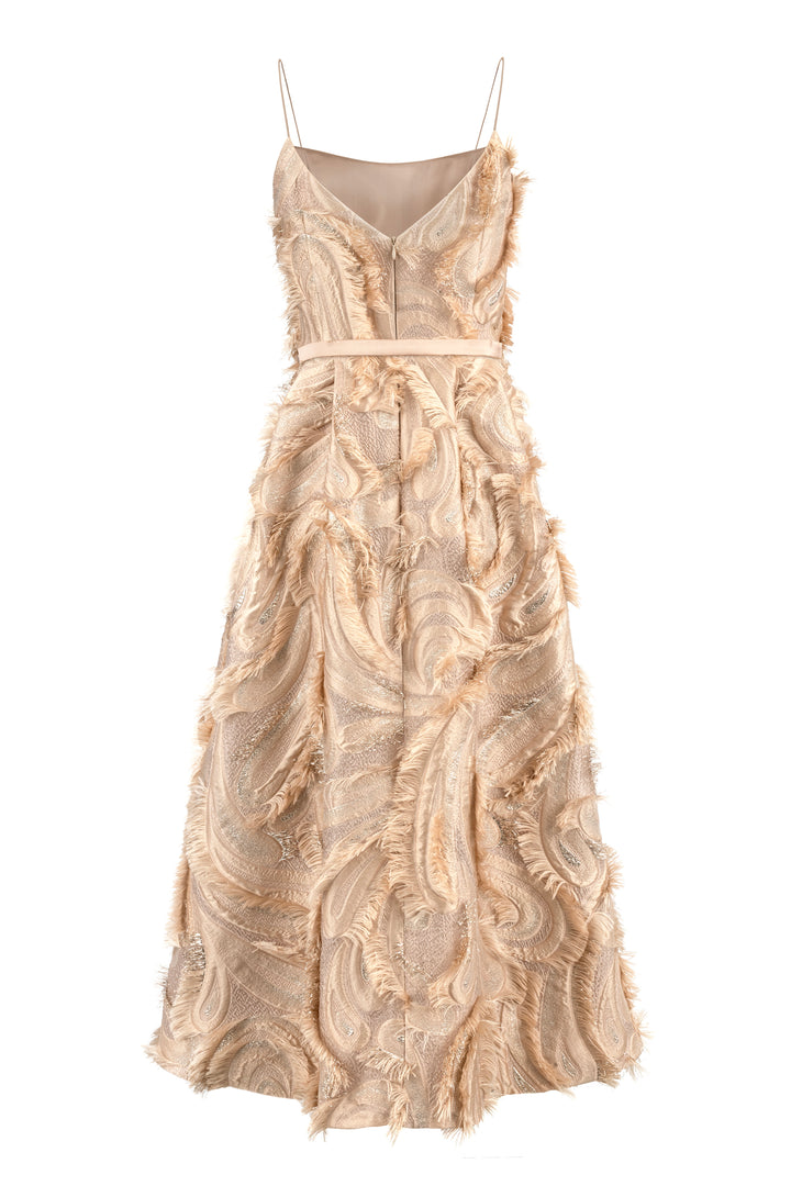 GLORIOSA BEIGE JACQUARD SPAGHETTI STRAP COCKTAIL DRESS