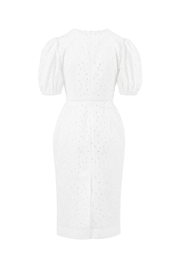 AFZELIA WHITE FLORAL BRODERIE ANGLAISE COTTON-POPLIN PENCIL DRESS