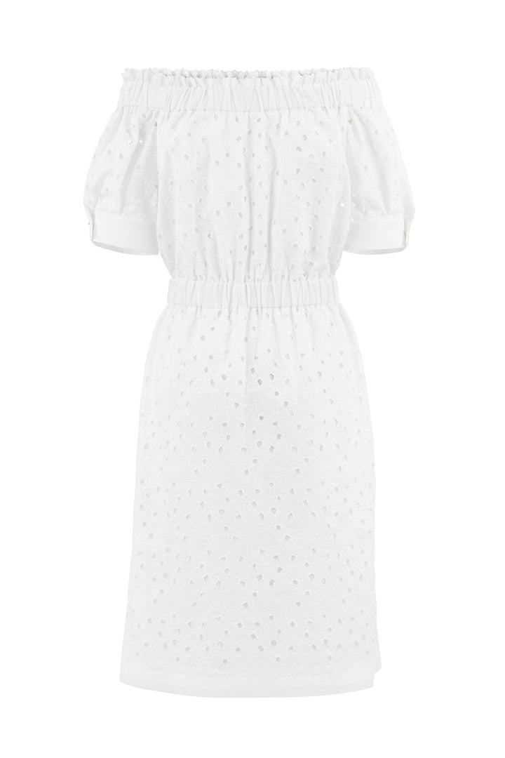 CENTELLA WHITE FLORAL BRODERIE ANGLAISE COTTON-POPLIN OFF-THE-SHOULDER DRESS