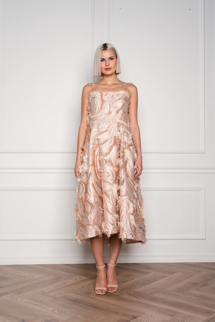 GLORIOSA BEIGE JACQUARD SPAGHETTI STRAP COCKTAIL DRESS