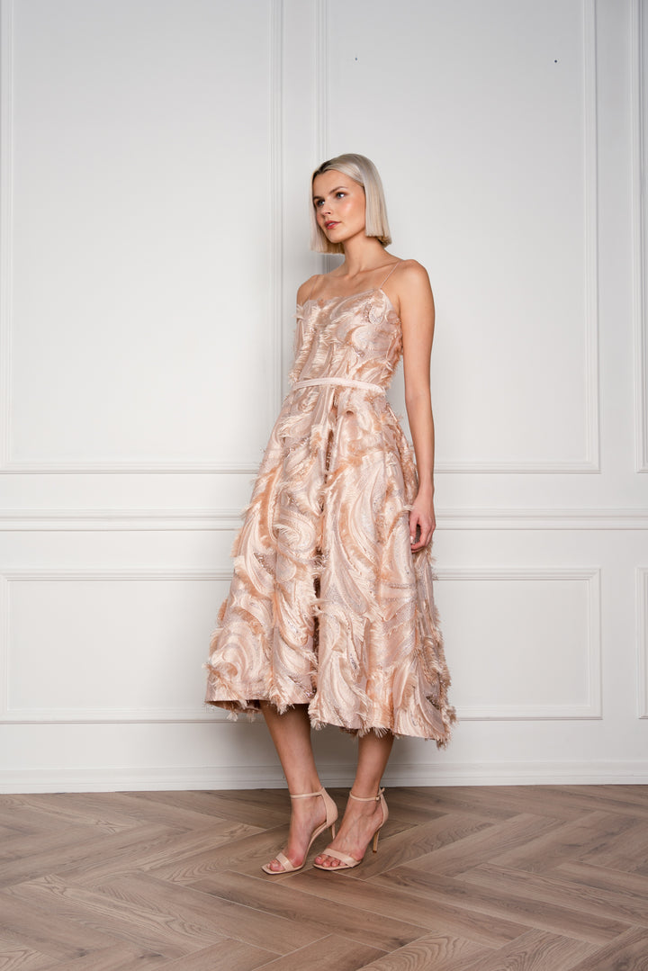 GLORIOSA BEIGE JACQUARD SPAGHETTI STRAP COCKTAIL DRESS