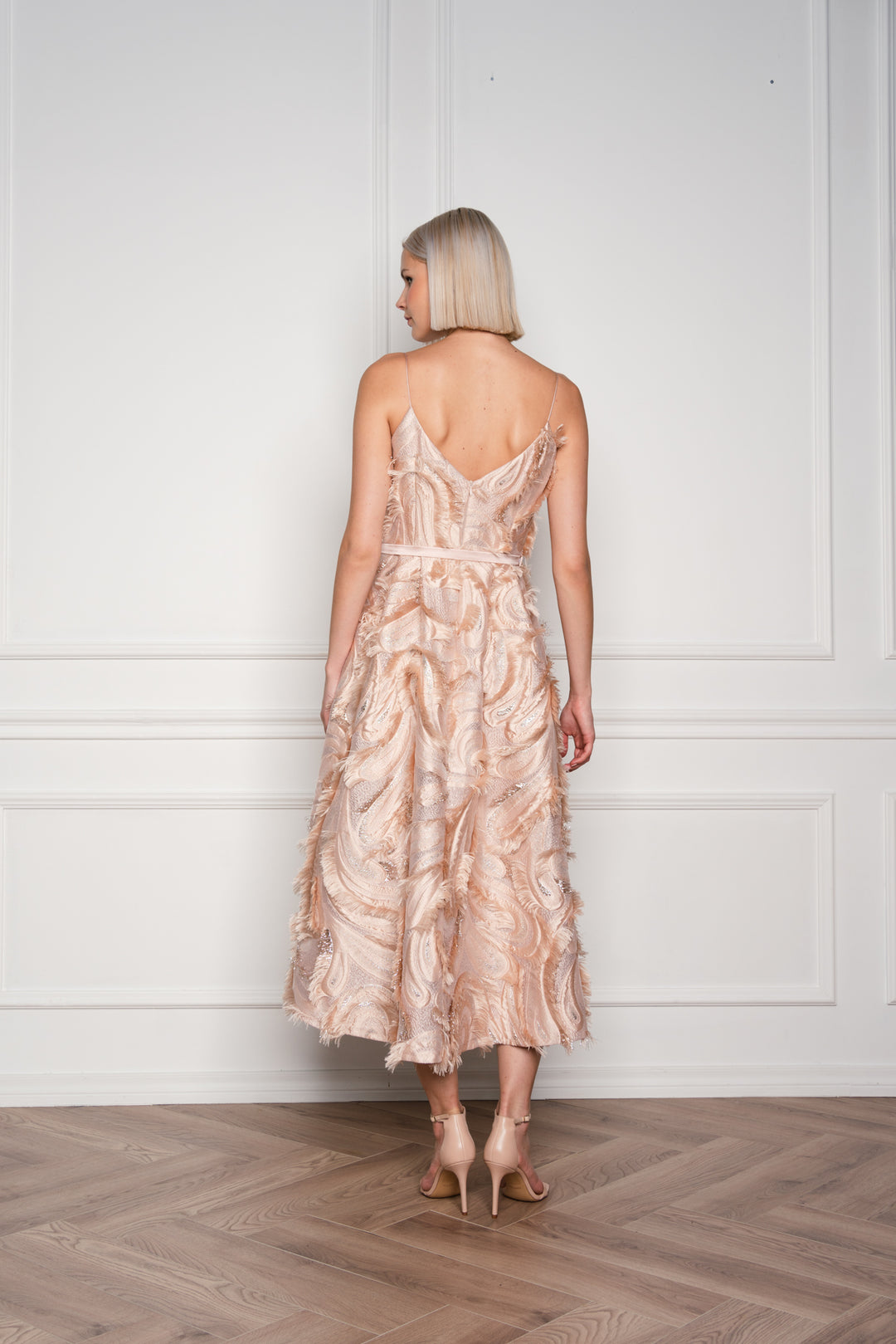 GLORIOSA BEIGE JACQUARD SPAGHETTI STRAP COCKTAIL DRESS