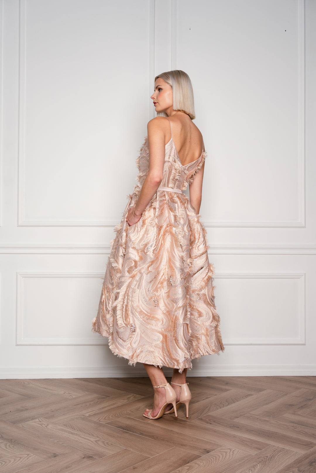 GLORIOSA BEIGE JACQUARD SPAGHETTI STRAP COCKTAIL DRESS