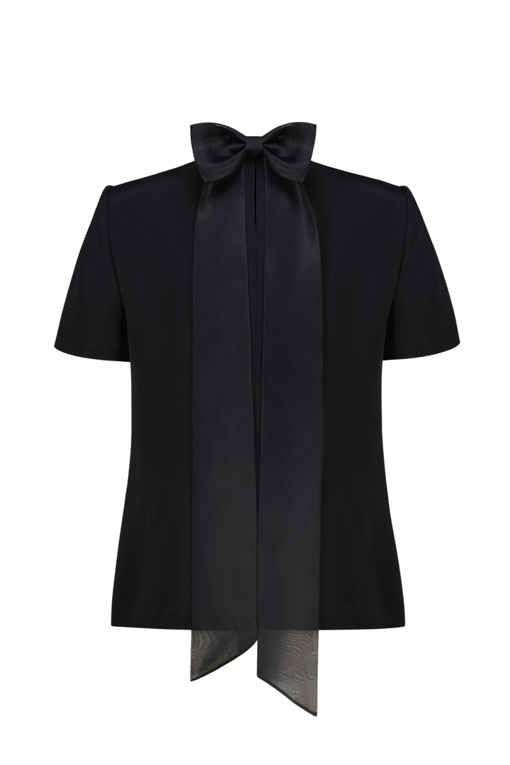 GARDENIA BLACK SILK BLOUSE WITH BOW DETAIL