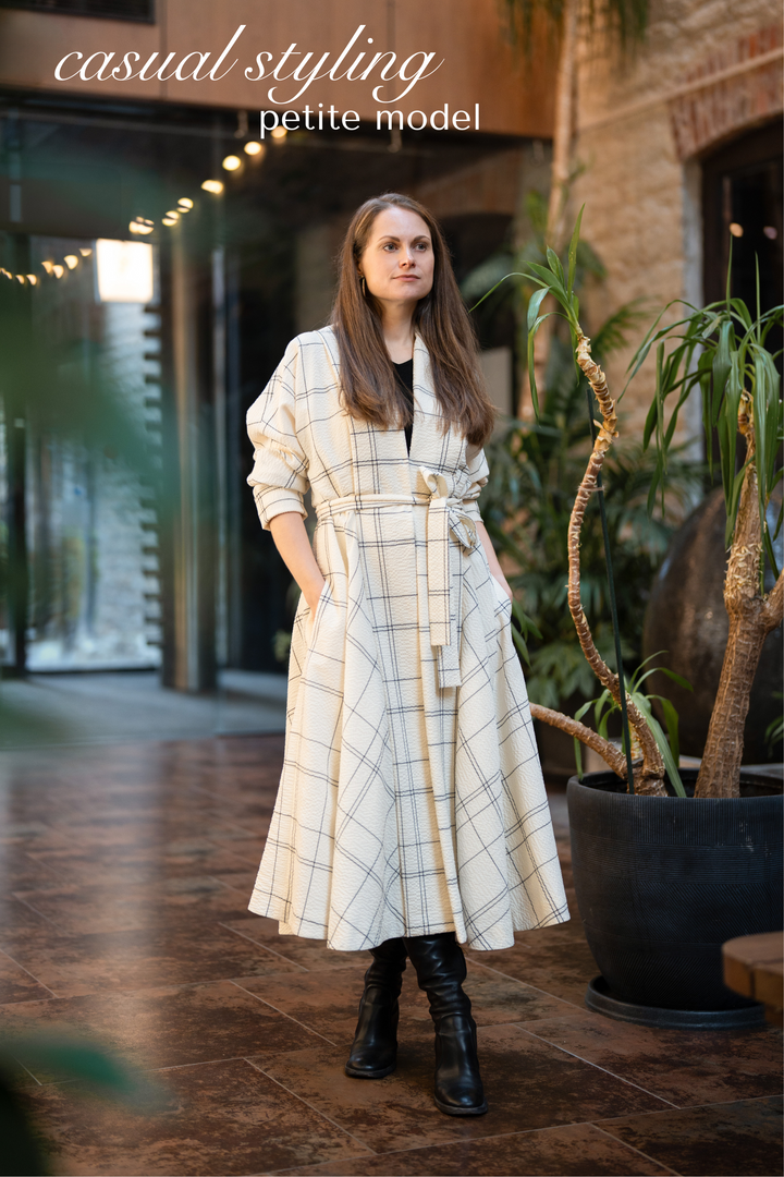 LINARIA CREAM PLAID WOOL SEERSUCKER COAT DRESS