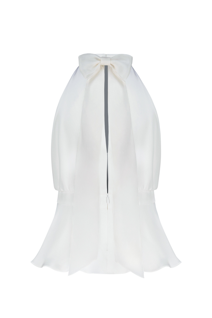 CLUSIA WHITE SILK HALTER NECK PEPLUM TOP WITH BOW DETAIL