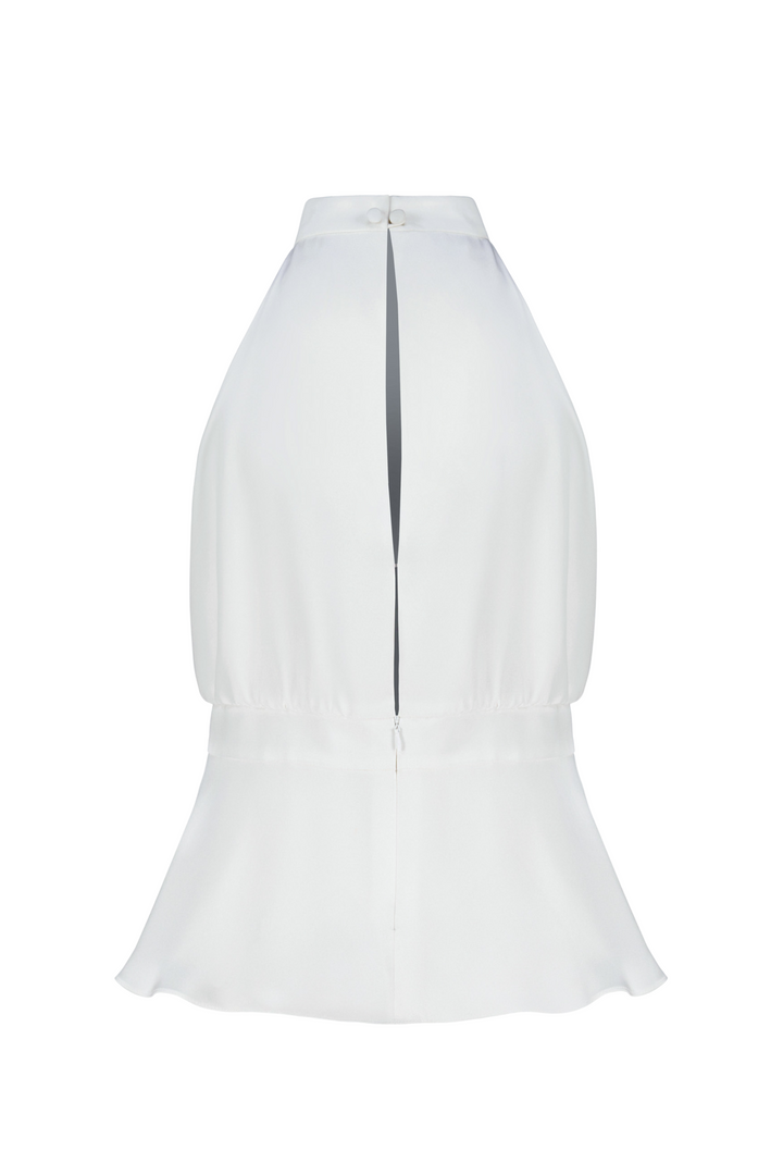 CLUSIA WHITE SILK HALTER NECK PEPLUM TOP WITH BOW DETAIL