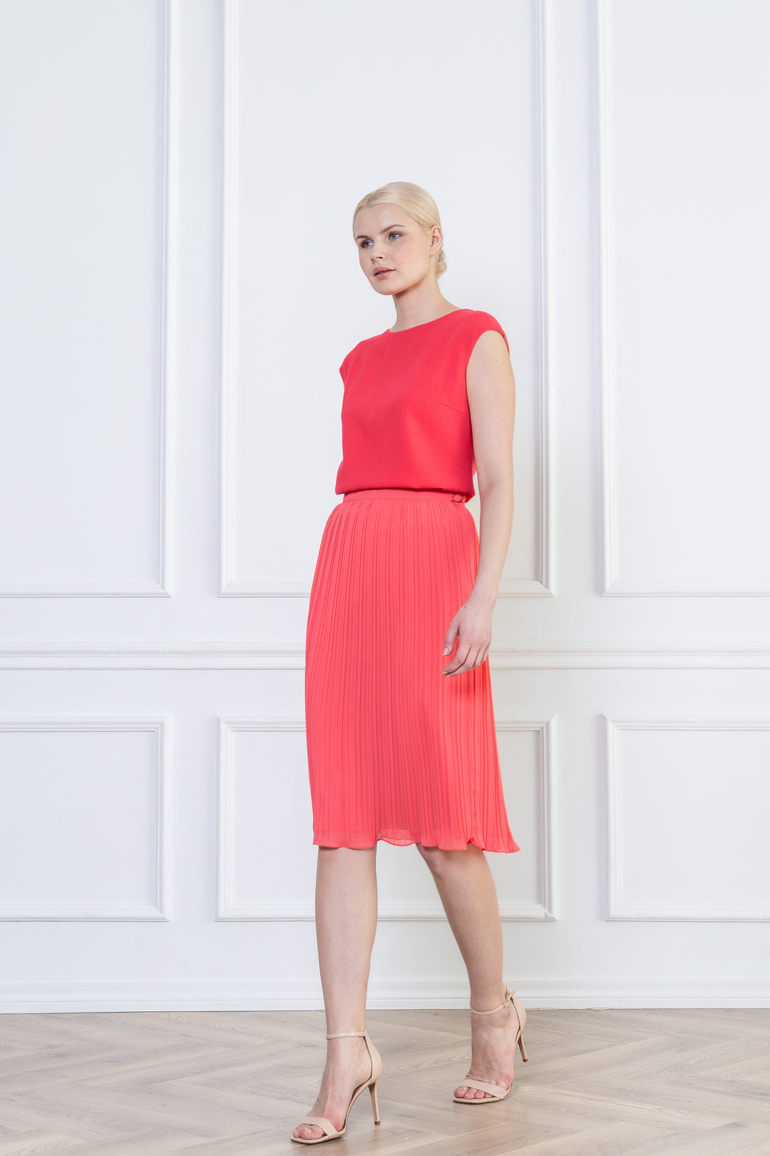 LANTANA CORAL PLISSÉ PENCIL SKIRT