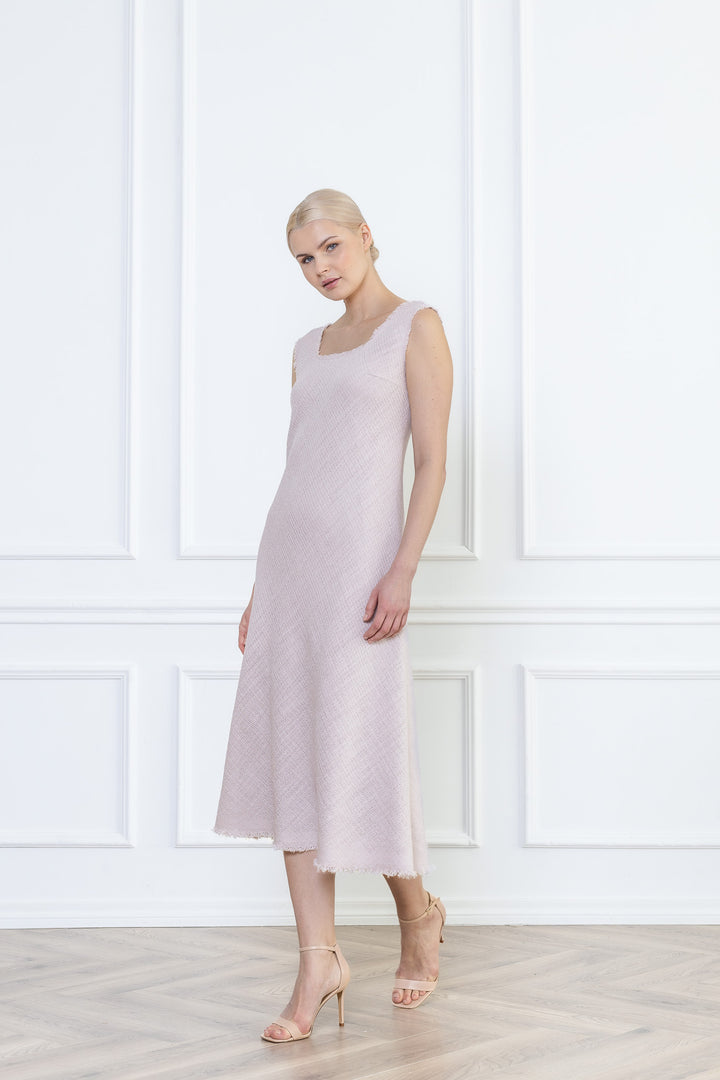 ALOCASIA PALE LAVENDER TEXTURED WOOL-SILK MIDI DRESS WITH FRINGE DETAILS