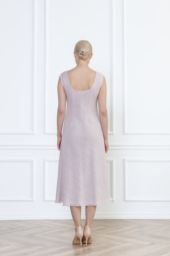 ALOCASIA PALE LAVENDER TEXTURED WOOL-SILK MIDI DRESS WITH FRINGE DETAILS