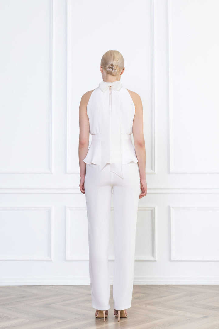 CLUSIA WHITE SILK HALTER NECK PEPLUM TOP WITH BOW DETAIL