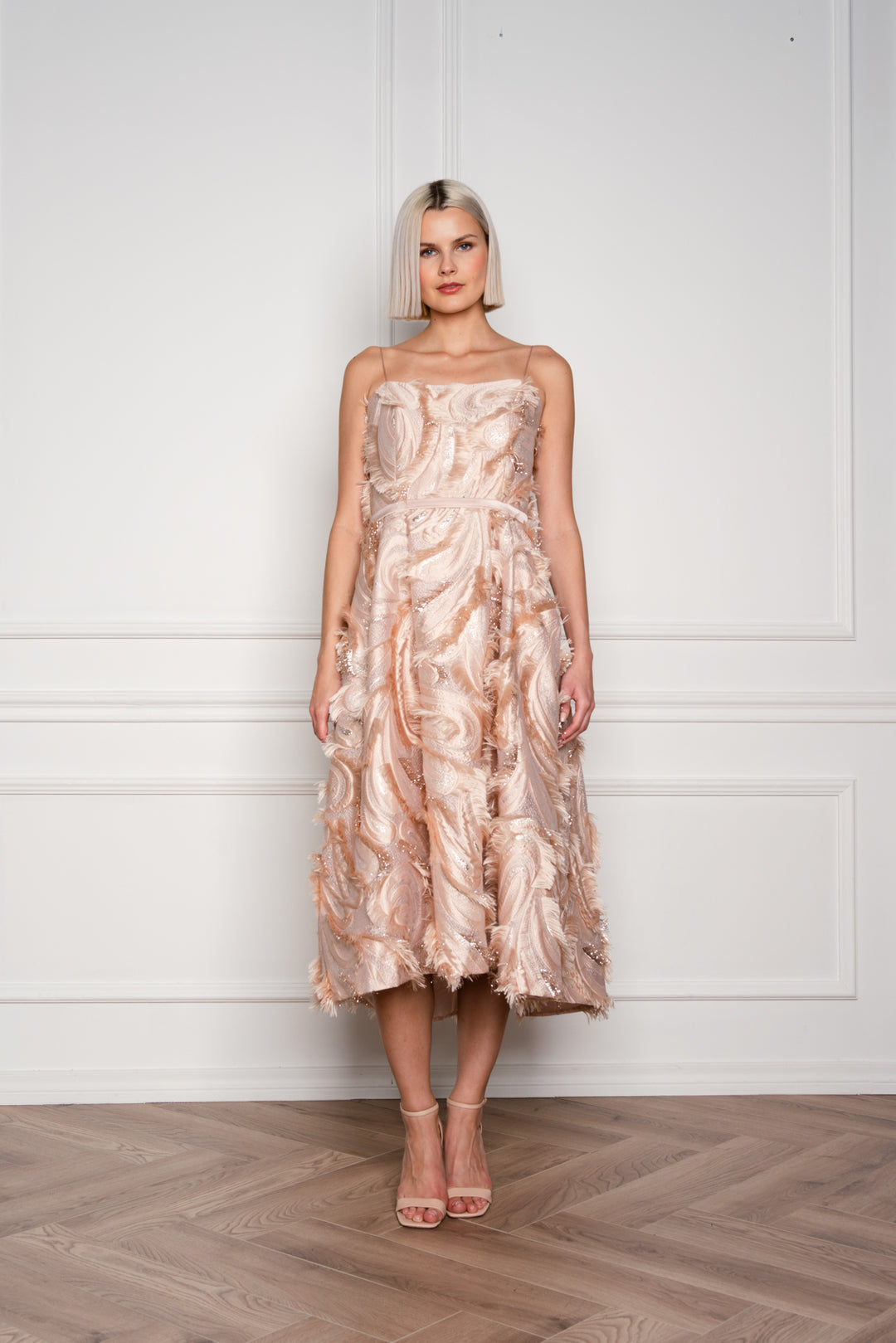 GLORIOSA BEIGE JACQUARD SPAGHETTI STRAP COCKTAIL DRESS