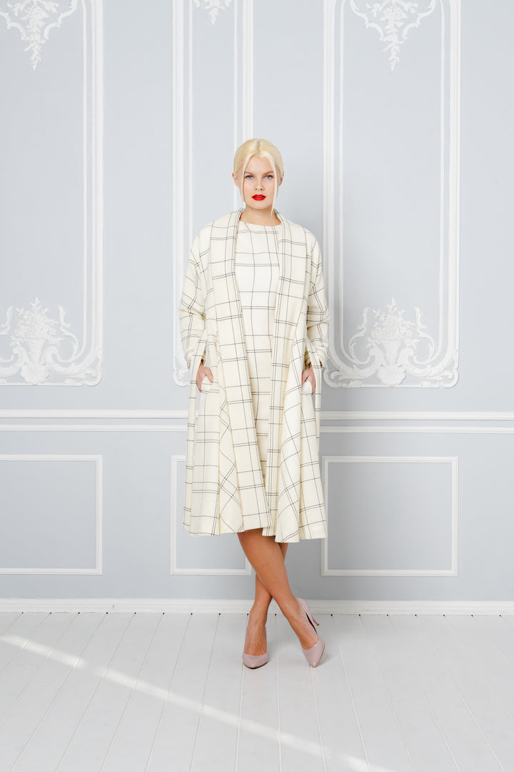 LINARIA CREAM PLAID WOOL SEERSUCKER COAT DRESS