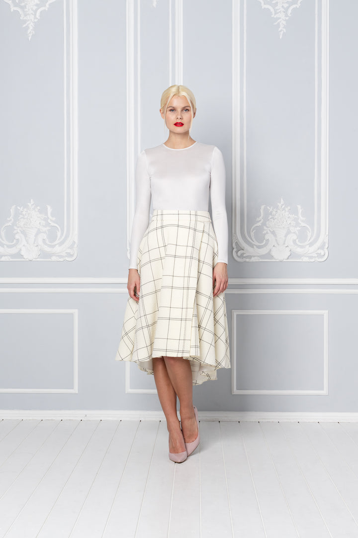 LATANIA CREAM PLAID WOOL SEERSUCKER HIGH-LOW SKIRT