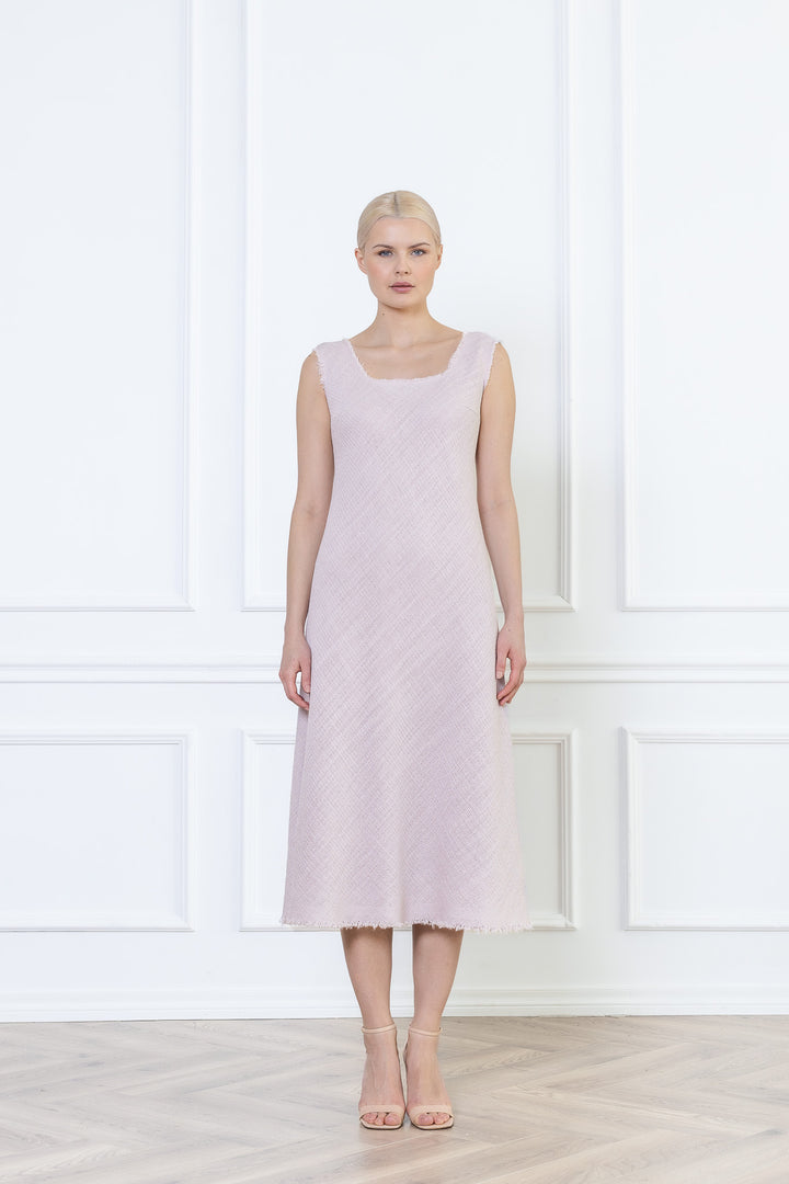 ALOCASIA PALE LAVENDER TEXTURED WOOL-SILK MIDI DRESS WITH FRINGE DETAILS
