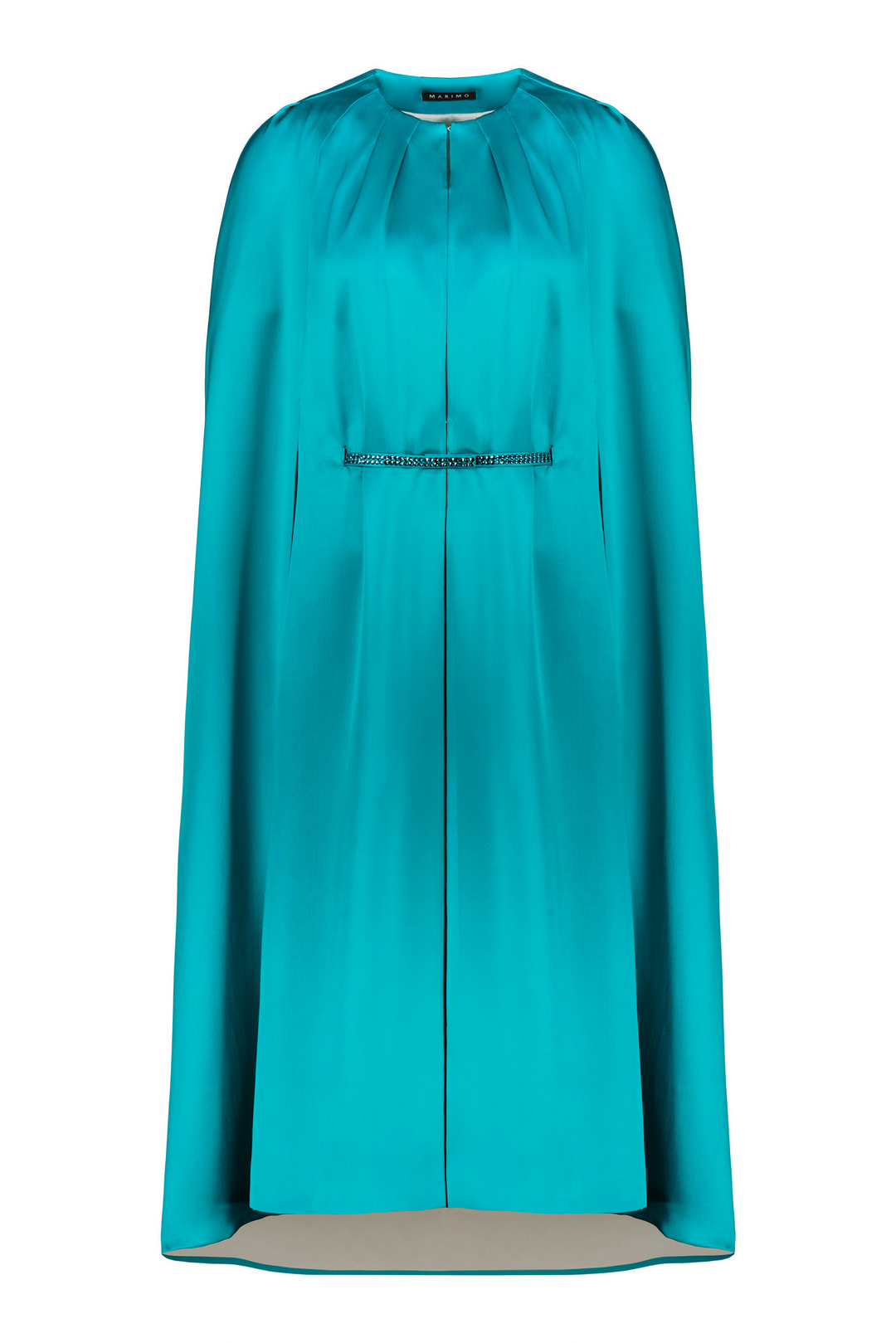 ALLAMANDA TEAL SILK SATIN CAPE DRESS WITH CRYSTAL BELT