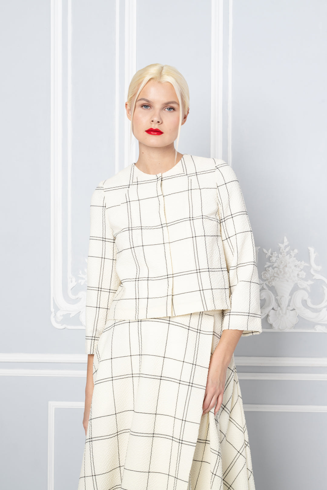 LAPORTEA CREAM PLAID WOOL SEERSUCKER JACKET