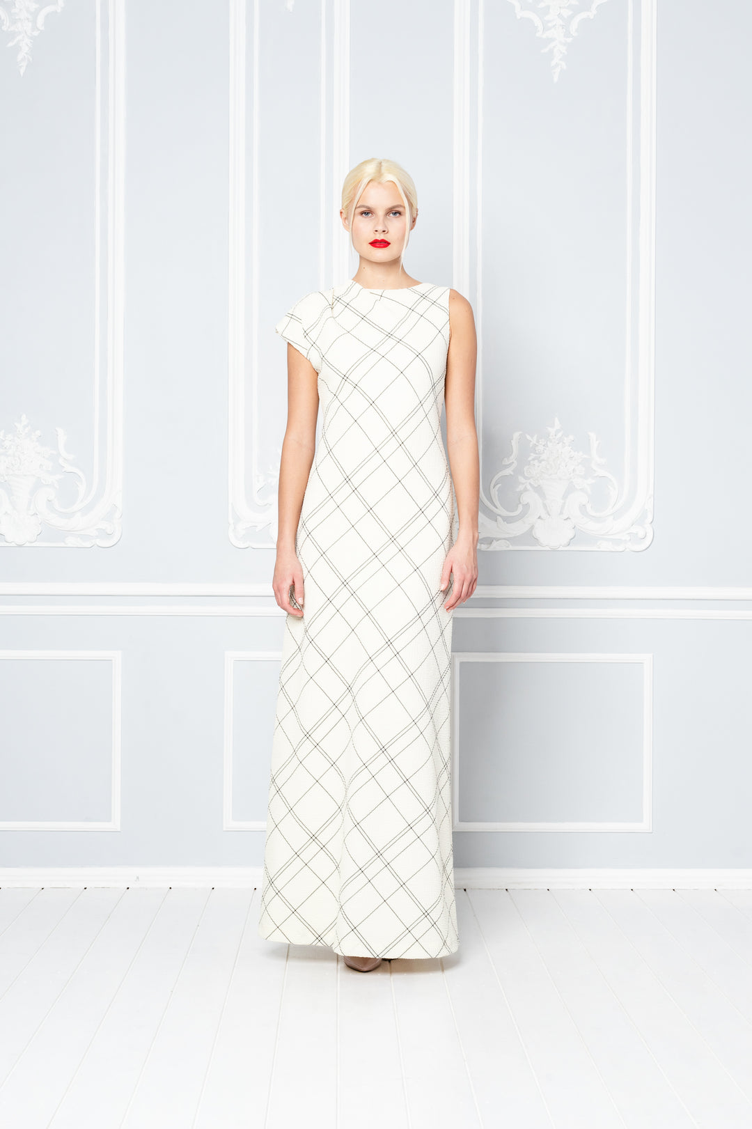 LIATRIS CREAM PLAID WOOL SEERSUCKER A-SYMMETRIC MAXI DRESS