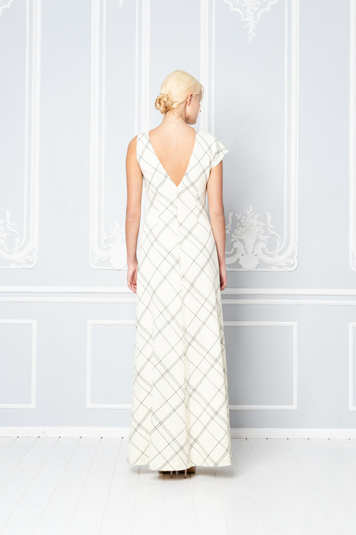 LIATRIS CREAM PLAID WOOL SEERSUCKER A-SYMMETRIC MAXI DRESS