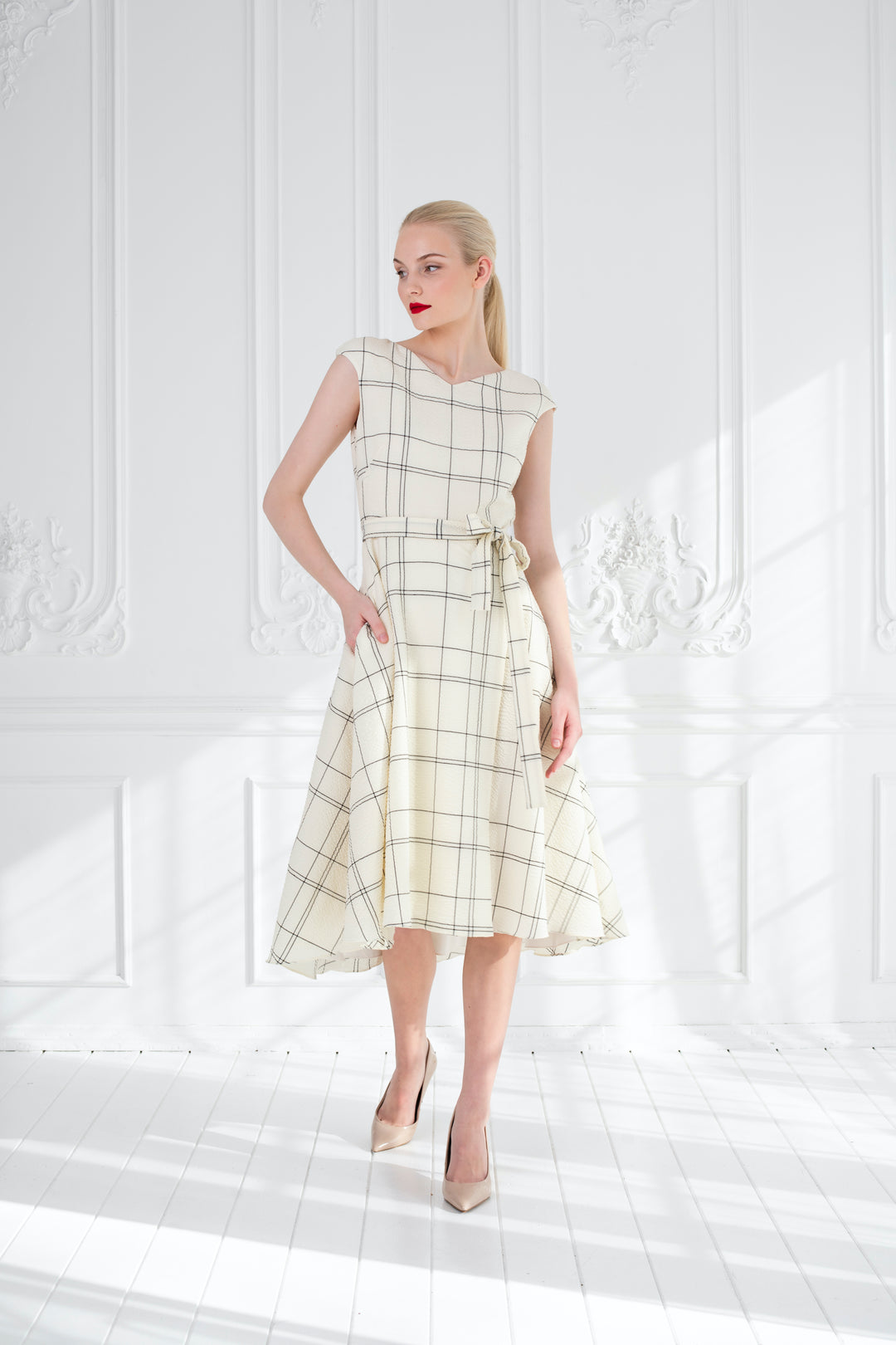 LIMNOPHILA CREAM PLAID WOOL SEERSUCKER COCKTAIL DRESS