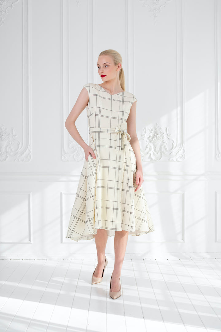 LIMNOPHILA CREAM PLAID WOOL SEERSUCKER COCKTAIL DRESS