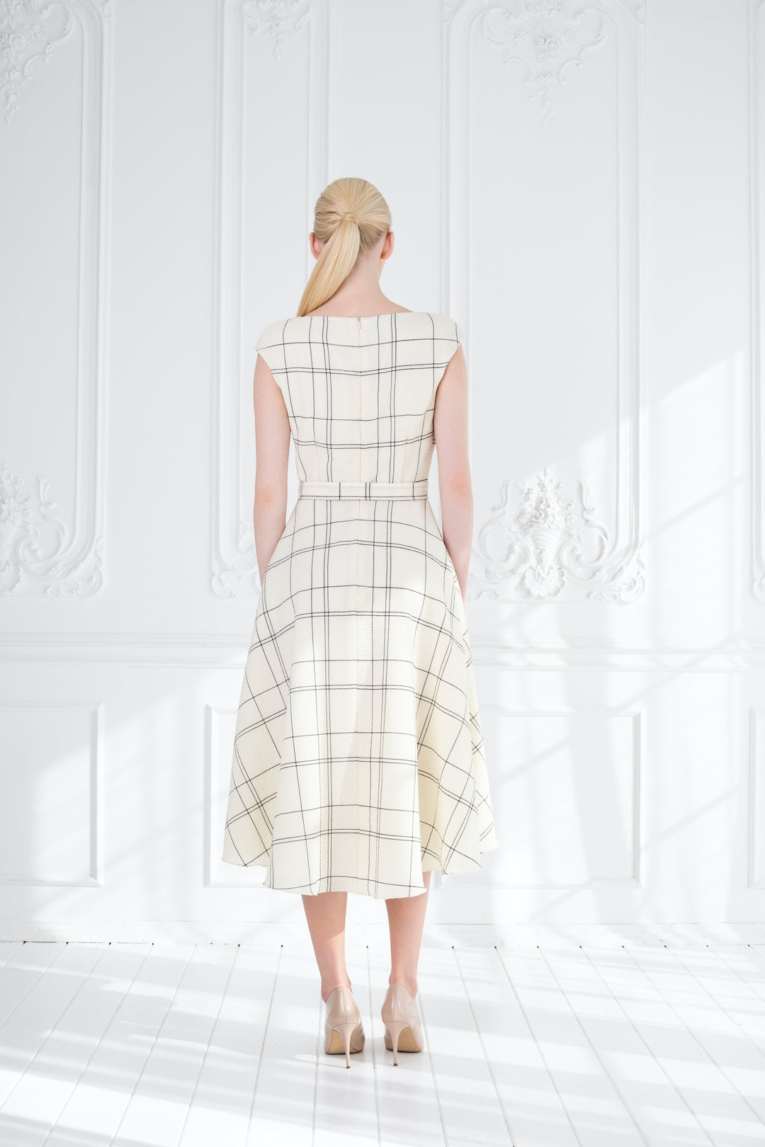 LIMNOPHILA CREAM PLAID WOOL SEERSUCKER COCKTAIL DRESS