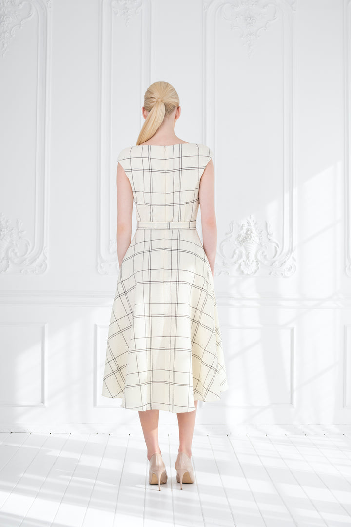 LIMNOPHILA CREAM PLAID WOOL SEERSUCKER COCKTAIL DRESS