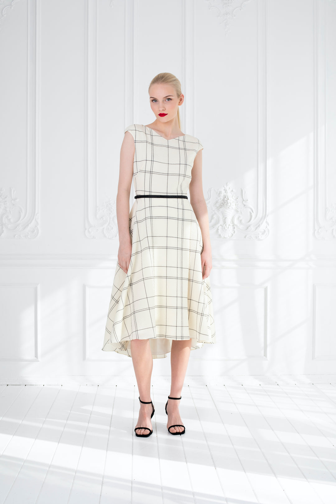 LIMNOPHILA CREAM PLAID WOOL SEERSUCKER COCKTAIL DRESS