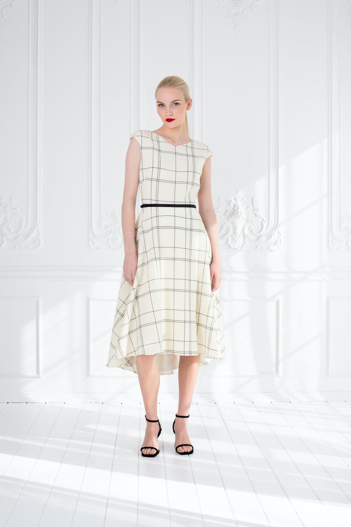 LIMNOPHILA CREAM PLAID WOOL SEERSUCKER COCKTAIL DRESS