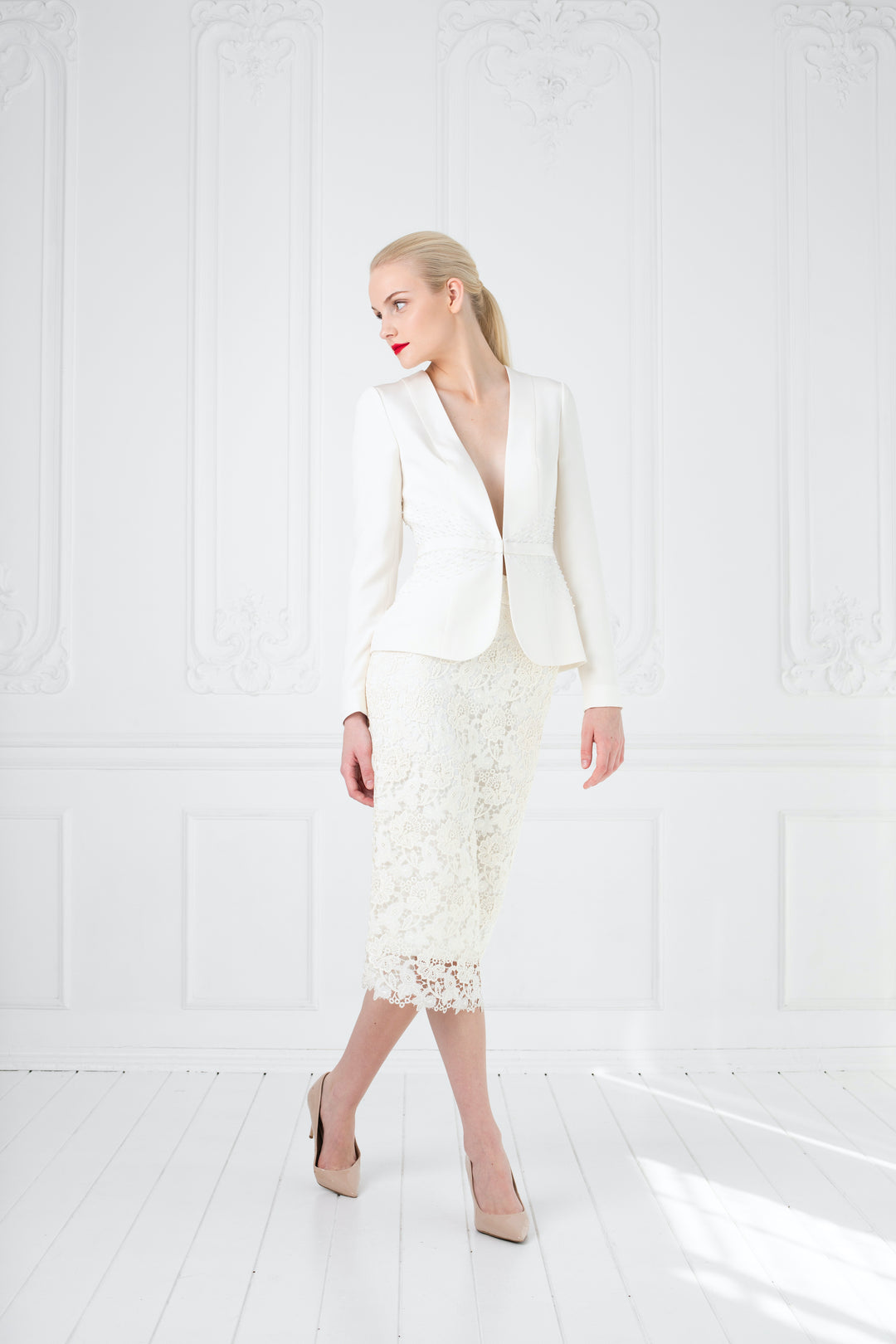 RUBIA IVORY LACE PENCIL SKIRT