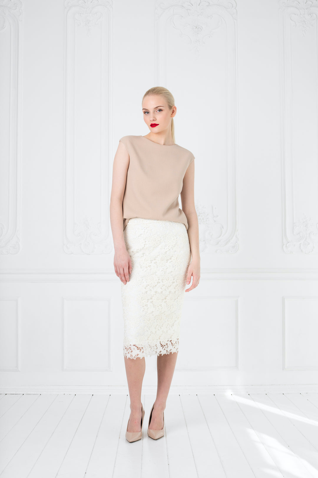 RUBIA IVORY LACE PENCIL SKIRT