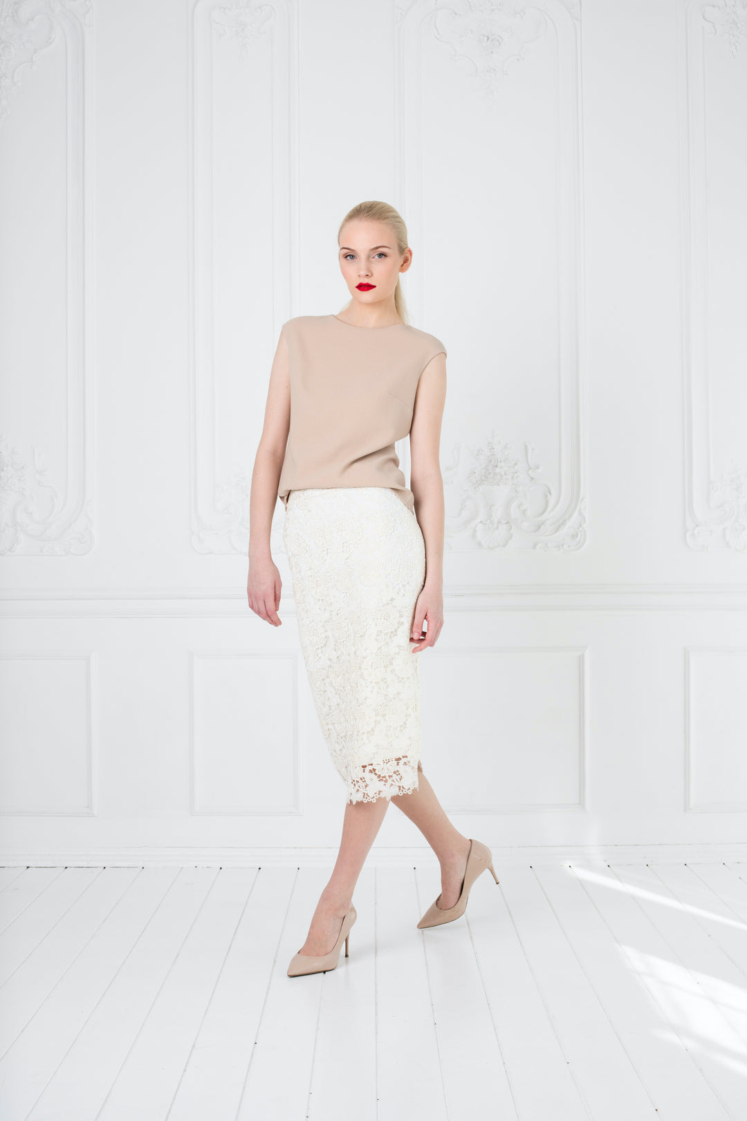 RUBIA IVORY LACE PENCIL SKIRT