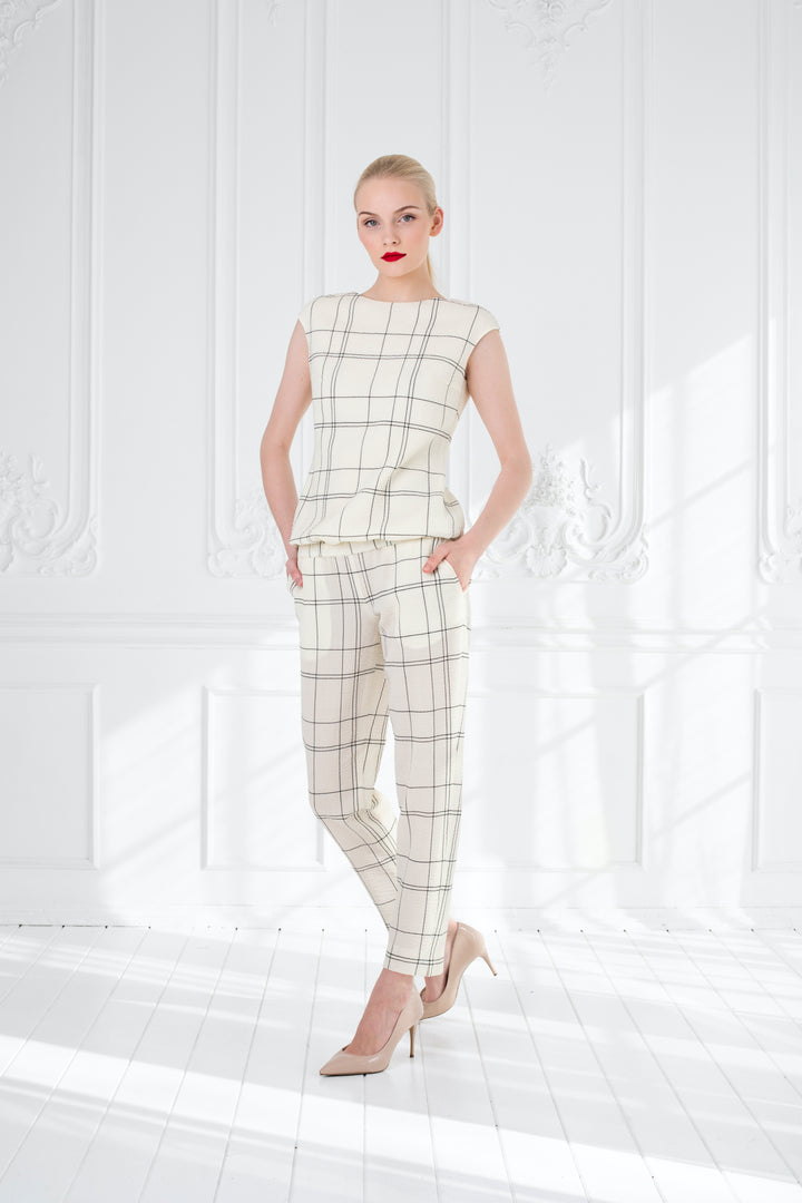 ABELIA CREAM PLAID WOOL SEERSUCKER JUMPSUIT