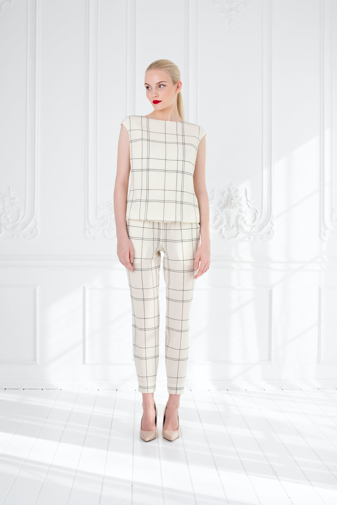ABELIA CREAM PLAID WOOL SEERSUCKER JUMPSUIT