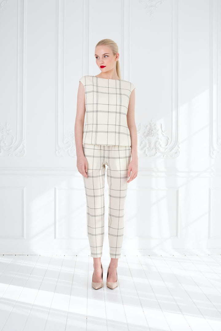 ABELIA CREAM PLAID WOOL SEERSUCKER JUMPSUIT