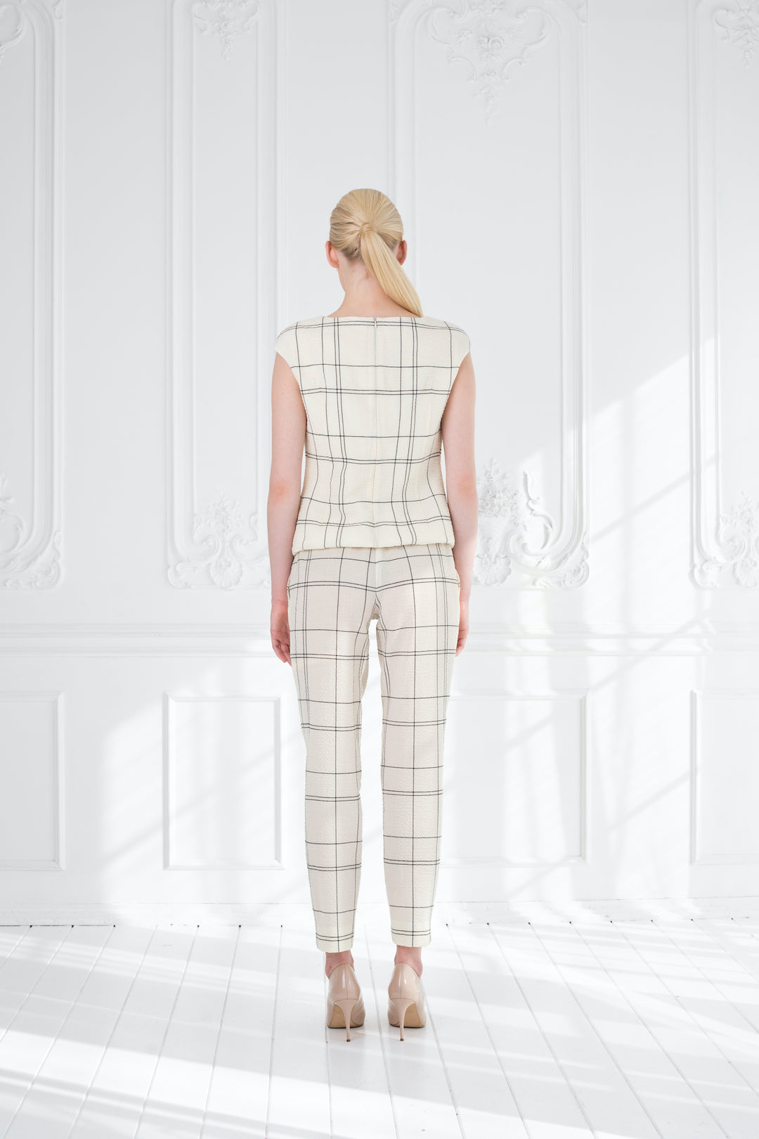 ABELIA CREAM PLAID WOOL SEERSUCKER JUMPSUIT