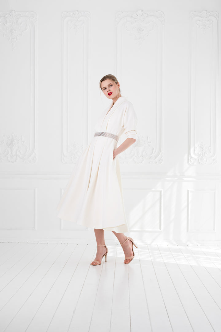 LINARIA IVORY WOOL CREPE KIMONO CUT COAT DRESS