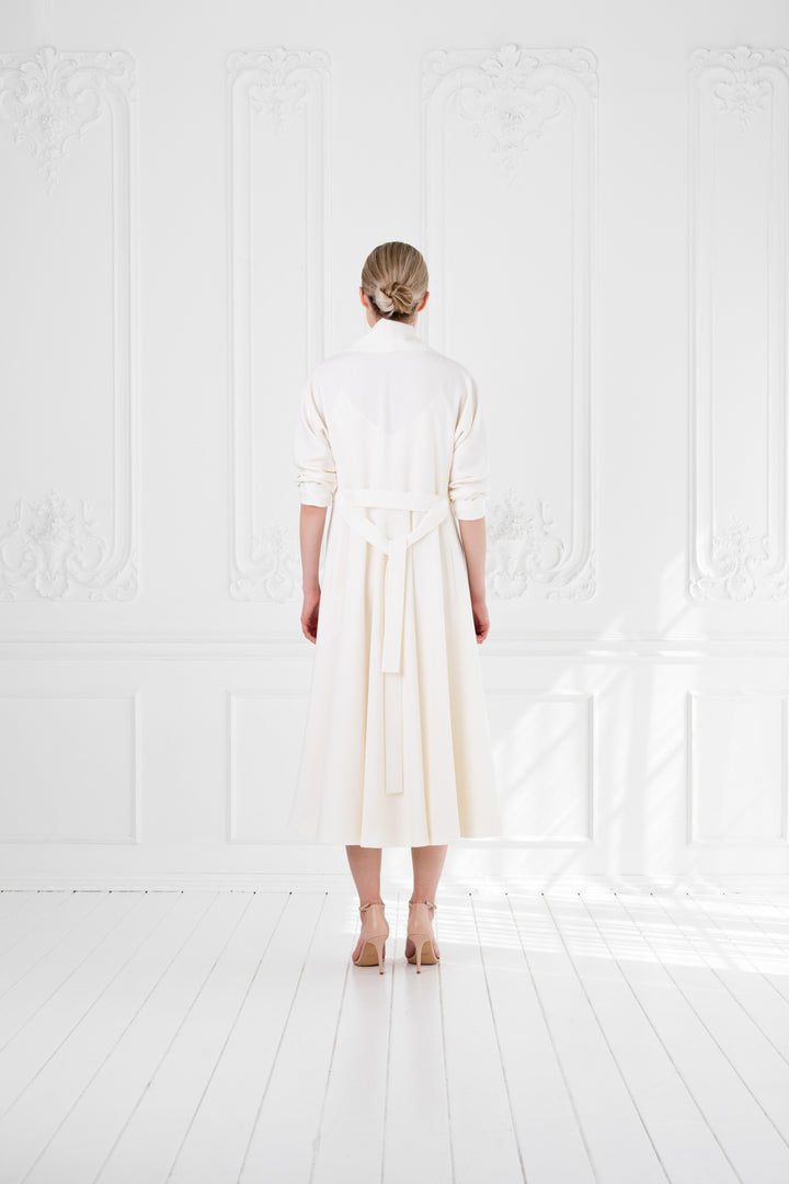 LINARIA IVORY WOOL CREPE KIMONO CUT COAT DRESS