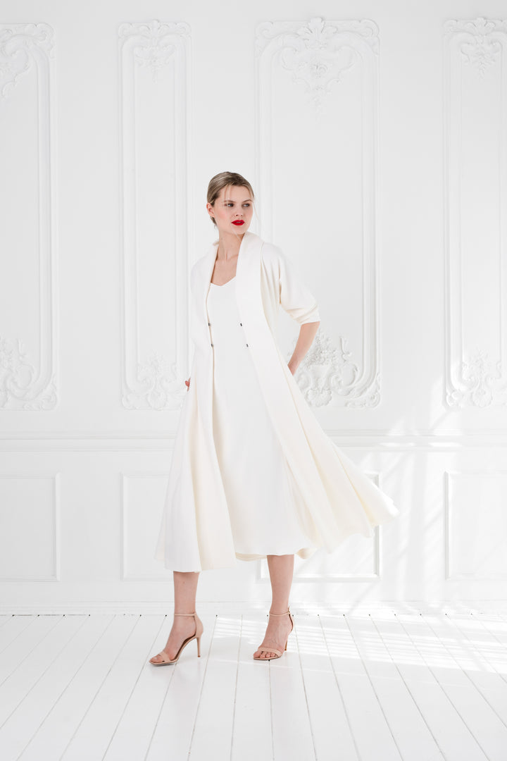 LINARIA IVORY WOOL CREPE KIMONO CUT COAT DRESS