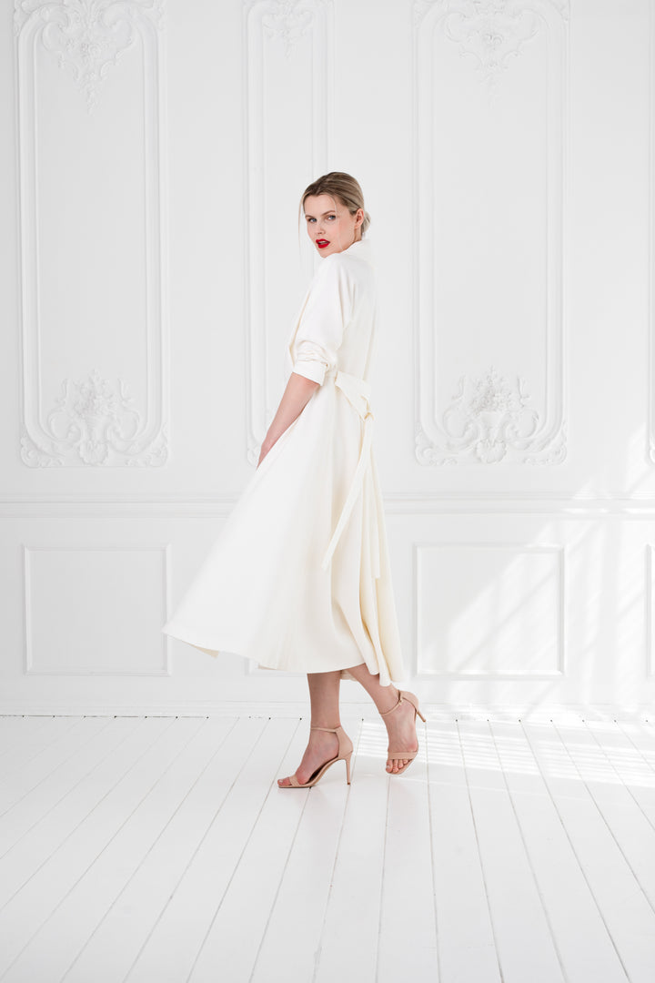 LINARIA IVORY WOOL CREPE KIMONO CUT COAT DRESS