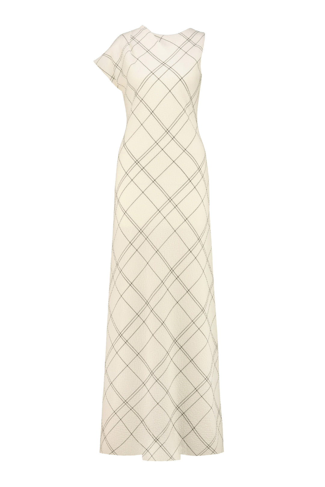 LIATRIS CREAM PLAID WOOL SEERSUCKER A-SYMMETRIC MAXI DRESS