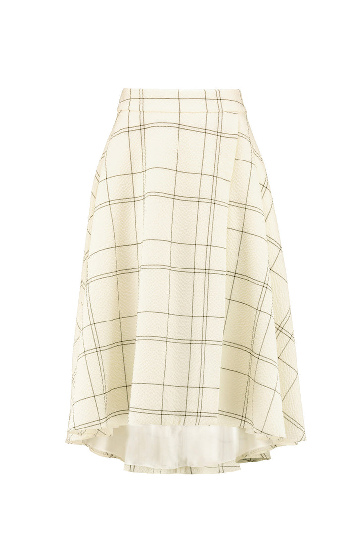 LATANIA CREAM PLAID WOOL SEERSUCKER HIGH-LOW SKIRT