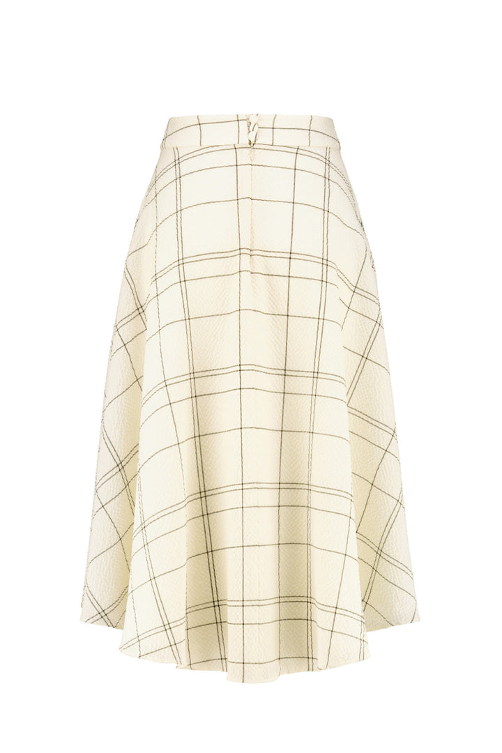 LATANIA CREAM PLAID WOOL SEERSUCKER HIGH-LOW SKIRT