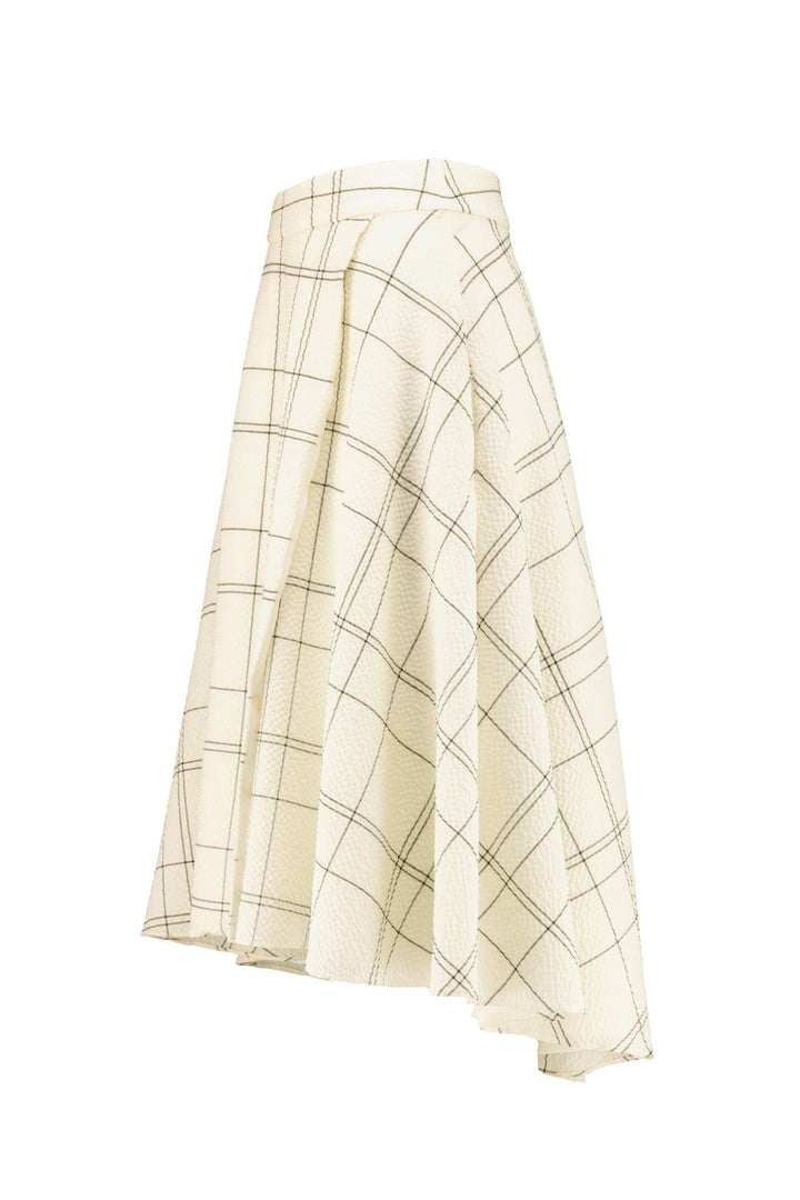 LATANIA CREAM PLAID WOOL SEERSUCKER HIGH-LOW SKIRT