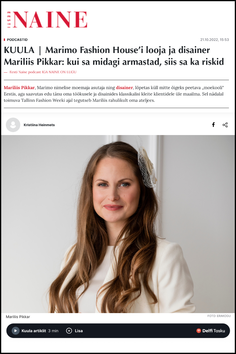 Eesti Naine podcast episood ja artikkel "Kui sa midagi armastad, siis sa ka riskid."