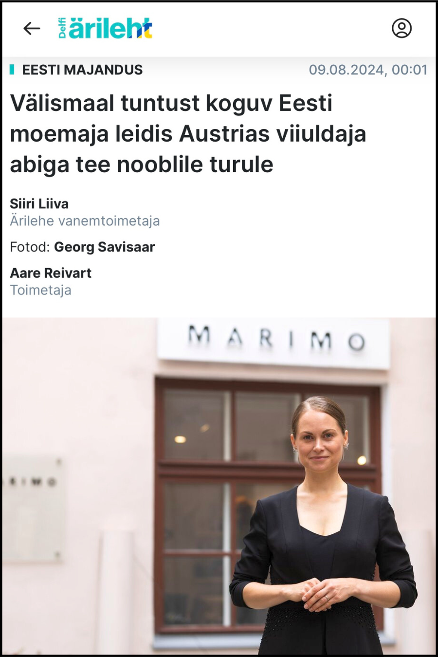 MARIMO FEATURED IN DELFI BUSINESS NEWS online article in Delfi Ärileht