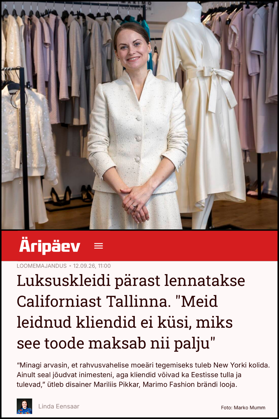 MARIMO FEATURED IN ÄRIPÄEV: WHY CLIENTS FLY TO TALLINN FOR A LUXURY DRESS